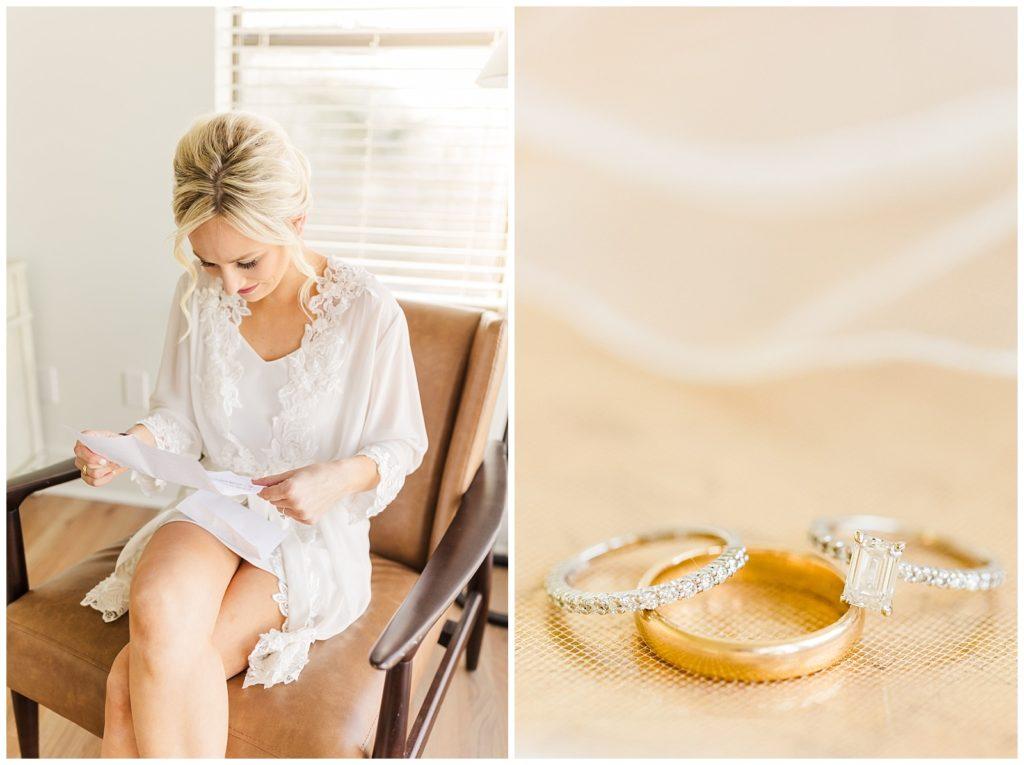 Bride holding a bouquet of greenery and terracotta-colored flowers