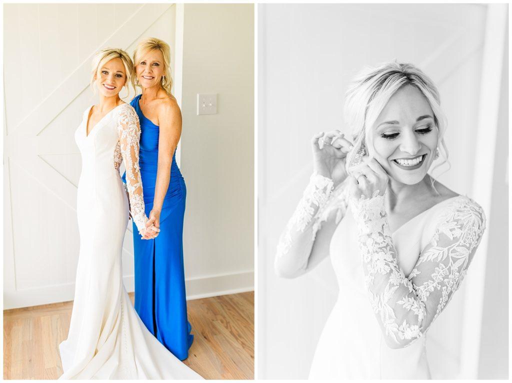Bride wearing a mustard skirt standing under a floral arch with the groom