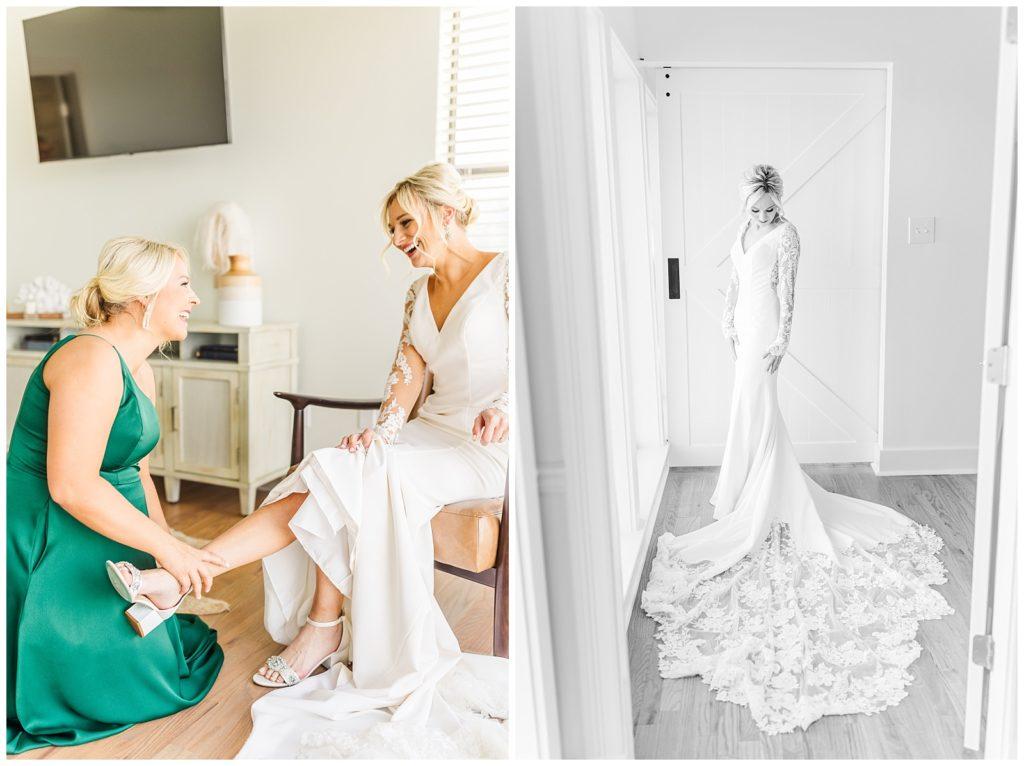 Bridesmaids in emerald green wearing sage shawls standing with the bride